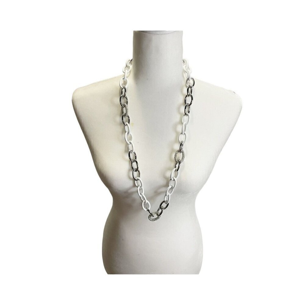 ANN TAYLOR White Silver‎ Chain Link Costume Necklace Crystals Casual